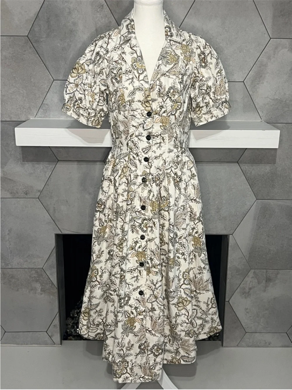 Floral Button-Front Midi Dress in Cream and Brown - Picture 2 of 14